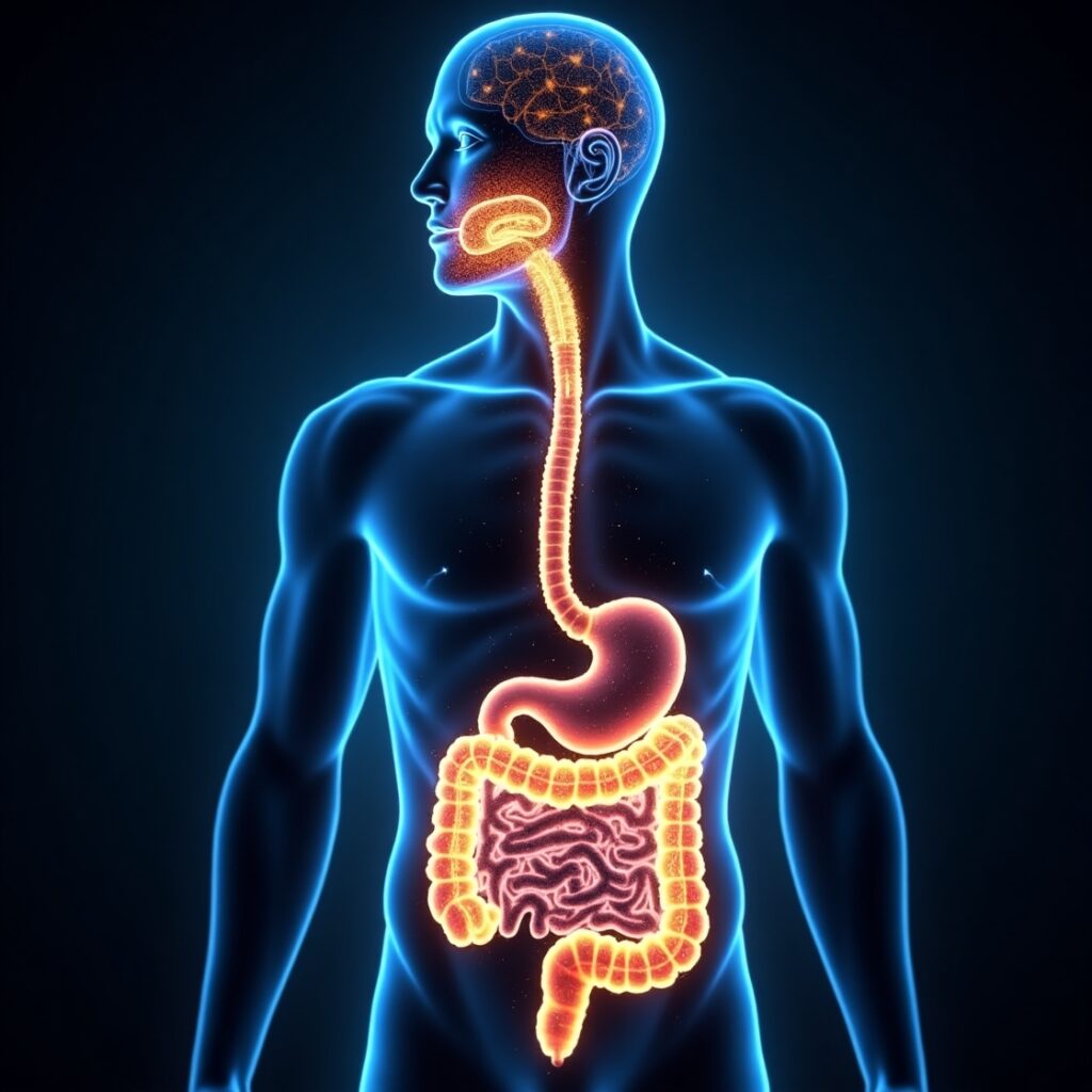 Abstract illustration showing a glowing, intricate neural connection between a stylized human brain and gut, with glowing microbes within the gut, symbolizing the powerful Gut-Brain Axis and its influence on the mind. gut brain axis, second brain, enteric nervous system, gut microbiome, mind body connection, gut health, neuroscience, brain health, emotional health, vagus nerve.