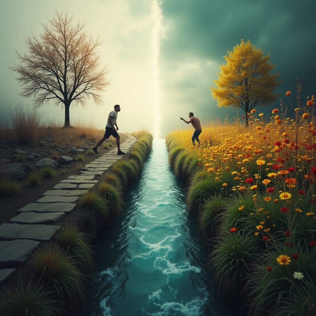 Split image contrasting a stark, barren landscape representing a survival mentality with a lush, vibrant scene symbolizing an abundance mentality, highlighting the choice between scarcity and prosperity." mindset contrast, abundance vs survival, scarcity image, prosperity visualization, mindset shift, psychological duality, fear vs growth.