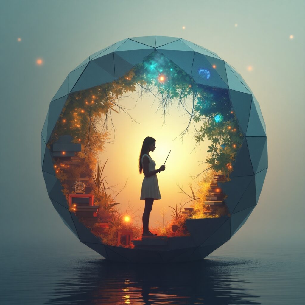 A person’s silhouette actively constructing their own glowing, unique personal cosmos, symbolizing the creation of a personalized life context beyond default settings." unique context, self-creation, personal environment, authenticity, bespoke life, human potential, self-authorship, intentional living.