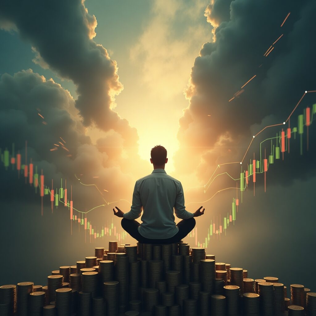 A serene person sits calmly atop a stack of coins amidst a chaotic financial storm of crashing graphs and turbulent numbers, symbolizing the mental strength gained through effective money management in challenging times." money management, mental strength, financial stability, chaos, calm, resilience, financial peace, wealth mindset, financial wellness, self-control.