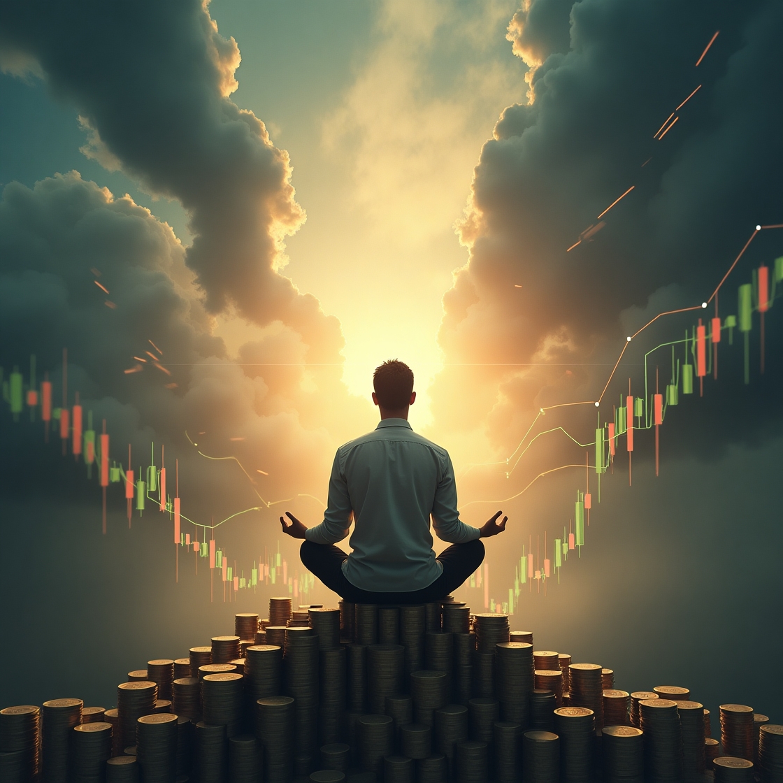 A serene person sits calmly atop a stack of coins amidst a chaotic financial storm of crashing graphs and turbulent numbers, symbolizing the mental strength gained through effective money management in challenging times." money management, mental strength, financial stability, chaos, calm, resilience, financial peace, wealth mindset, financial wellness, self-control.