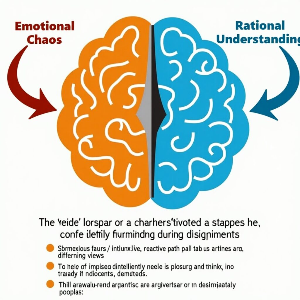 A stylized human brain at the center, depicted as a sophisticated compass. One needle points towards "Emotional Chaos" (represented by swirling, agitated lines), and the other, the true north, points towards "Rational Understanding" (represented by calm, straight lines and an open dialogue icon). • Keywords: intelligent disagreement, emotional regulation, rational thinking, conflict resolution, mindfulness in debate, calm communication, self-control, cognitive clarity, psychological strength.