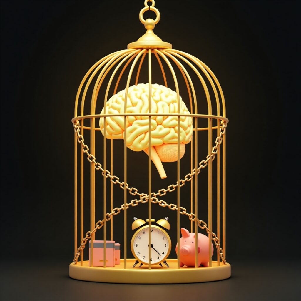 A stylized human brain, glowing faintly, visible inside a transparent, intricate cage made of interlocking golden bars and chains. The cage is adorned with subtle symbols representing concepts like a shrinking budget, a credit card, a ticking clock (for time scarcity), and a broken piggy bank. • Keywords: psychological barriers, financial independence, wealth mindset, limiting beliefs, financial freedom, subconscious blocks, money mindset, financial well-being.