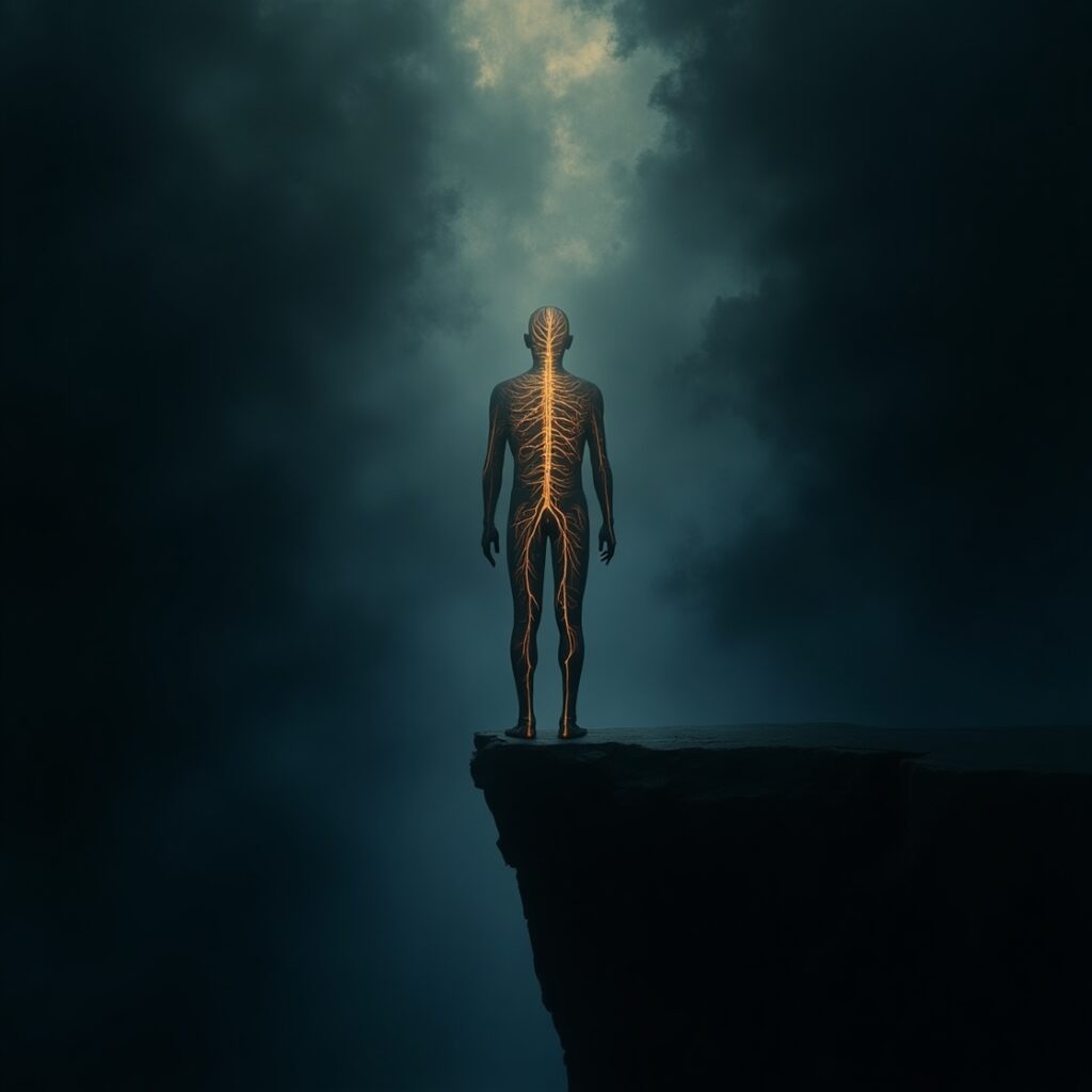 Abstract image of a fading human silhouette on the edge of a dark abyss, with internal glowing lines dimming. Symbolizes nervous exhaustion and the quiet depletion of energy before a mental breakdown." Keywords: nervous exhaustion, mental breakdown, stress, burnout, chronic fatigue, psychological health, emotional depletion, self-care, mental well-being, stress management, anxiety, depression, HPA axis, allostatic load, understanding stress, preventing breakdown.