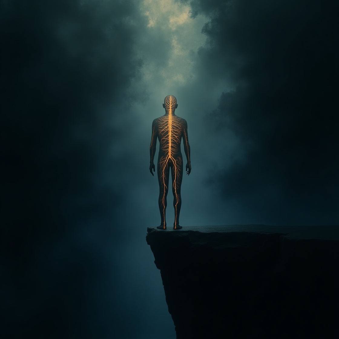 Abstract image of a fading human silhouette on the edge of a dark abyss, with internal glowing lines dimming. Symbolizes nervous exhaustion and the quiet depletion of energy before a mental breakdown." Keywords: nervous exhaustion, mental breakdown, stress, burnout, chronic fatigue, psychological health, emotional depletion, self-care, mental well-being, stress management, anxiety, depression, HPA axis, allostatic load, understanding stress, preventing breakdown.