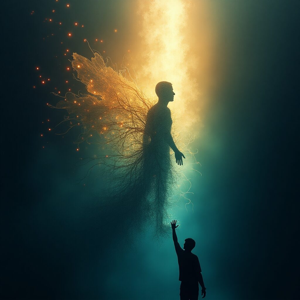 Abstract image of a human silhouette glowing with internal light, shedding old, darker layers like a chrysalis, symbolizing profound personal transformation, growth, and a new beginning at a turning point in life." Keywords: personal transformation, lasting change, true change, turning point, self-discovery, personal growth, inner revolution, psychological shift, identity change, neuroplasticity, self-reinvention, mindset change, new habits, spiritual evolution, authentic self, embracing change.