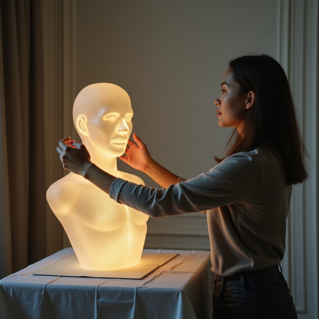 A woman adjusts a glowing, translucent mannequin bust on a table in a dimly lit room, with soft light illuminating her hands and the sculpture. mannequin, light art, sculpture, contemplation, artistic process, form, human figure, glowing, ethereal, creation