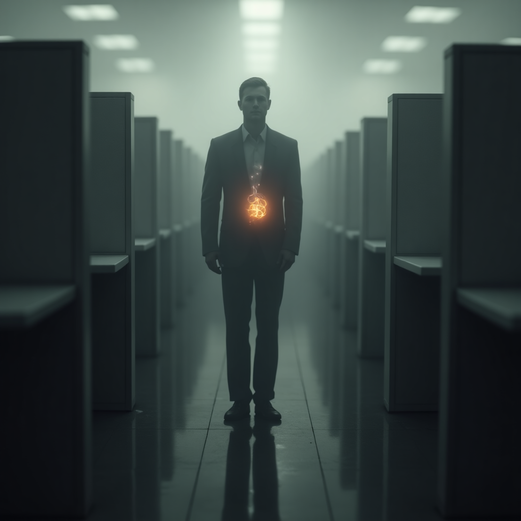 A transparent human silhouette fades within a repetitive corporate office, holding a dissolving mask, symbolizing the silent erosion of self in a job without identity, with a faint inner light representing the struggling true self." job without identity, identity erosion, silent danger, corporate conformity, loss of self, burnout, meaningless work, true self, work purpose, soul erosion.