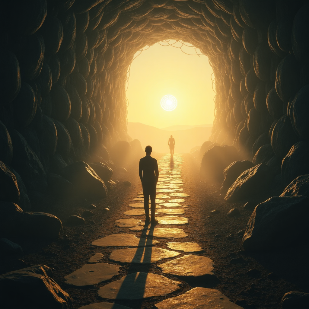A person stands at a crossroads; one path, dark and constricted by symbolic chains representing others' expectations, leads to conformity, while the other, bright and open with a guiding compass, represents living by one's true values and authenticity." values vs expectations, authenticity, conformity, self-actualization, invisible prison, personal freedom, social pressure, true self, life path.