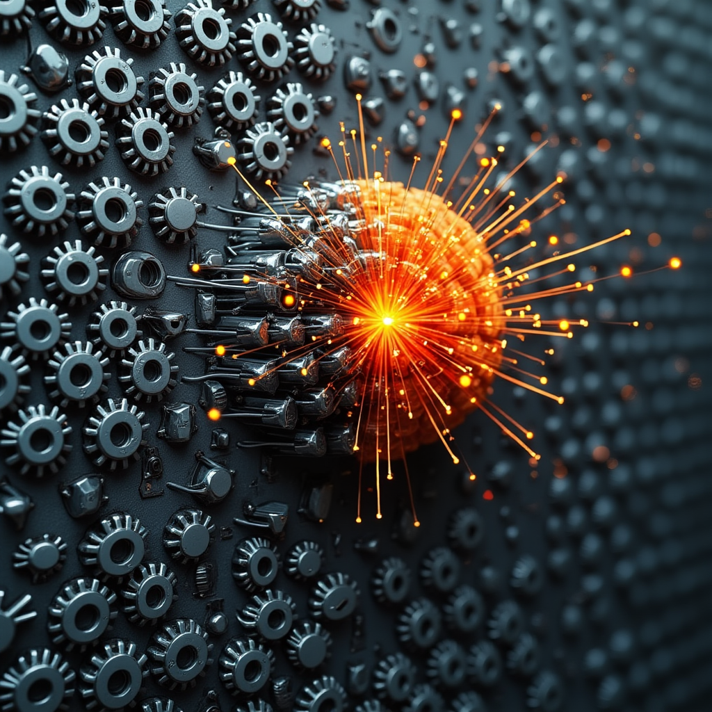 A stark contrast between a repeating metallic grid symbolizing automation and a vibrant, colorful human brain with radiating thoughts breaking free, representing the shift towards human-centric excellence in the age of AI. future of work, automation vs human, unique skills, creativity, critical thinking, emotional intelligence, human potential, skills for the future, redefining mastery.