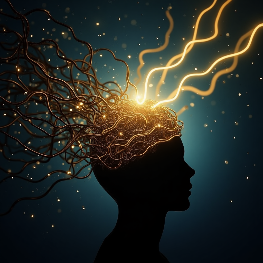 Tangled dark wires transforming into smooth, flowing lines of golden light within a mind silhouette, symbolizing the rewiring of mental programs for safe and sustainable wealth." rewire wealth mindset, program mind for money, financial freedom, abundance, mental blocks, subconscious, transformation, financial security.