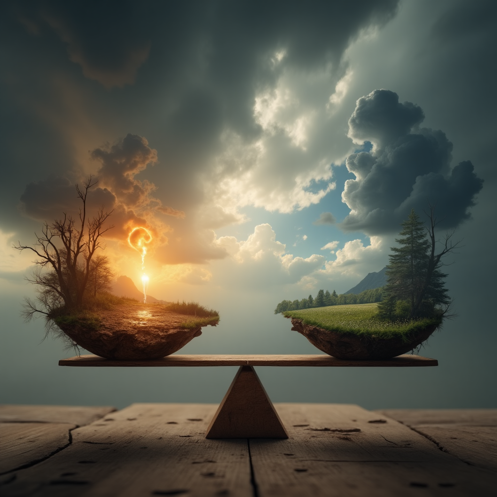 A balanced scale with storm clouds and tangled knots on one side representing fear, and a sunrise and guiding light on the other representing reassurance, symbolizing the delicate equilibrium between these emotions. balance, reassurance, fear, equilibrium, emotional balance, anxiety, calm, inner peace, decision, mental health.