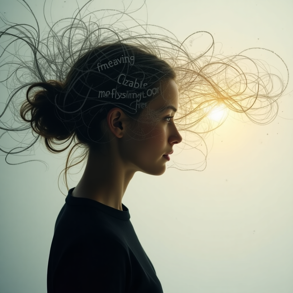 A person's head surrounded by swirling lines of text, transitioning from tangled, dark words on one side to clear, bright, flowing affirmations on the other, symbolizing the power of rewriting one's internal story and shaping destiny." internal narrative, self-talk, rewrite story, subconscious programming, destiny, mindset shift, personal transformation, positive affirmations, inner voice.