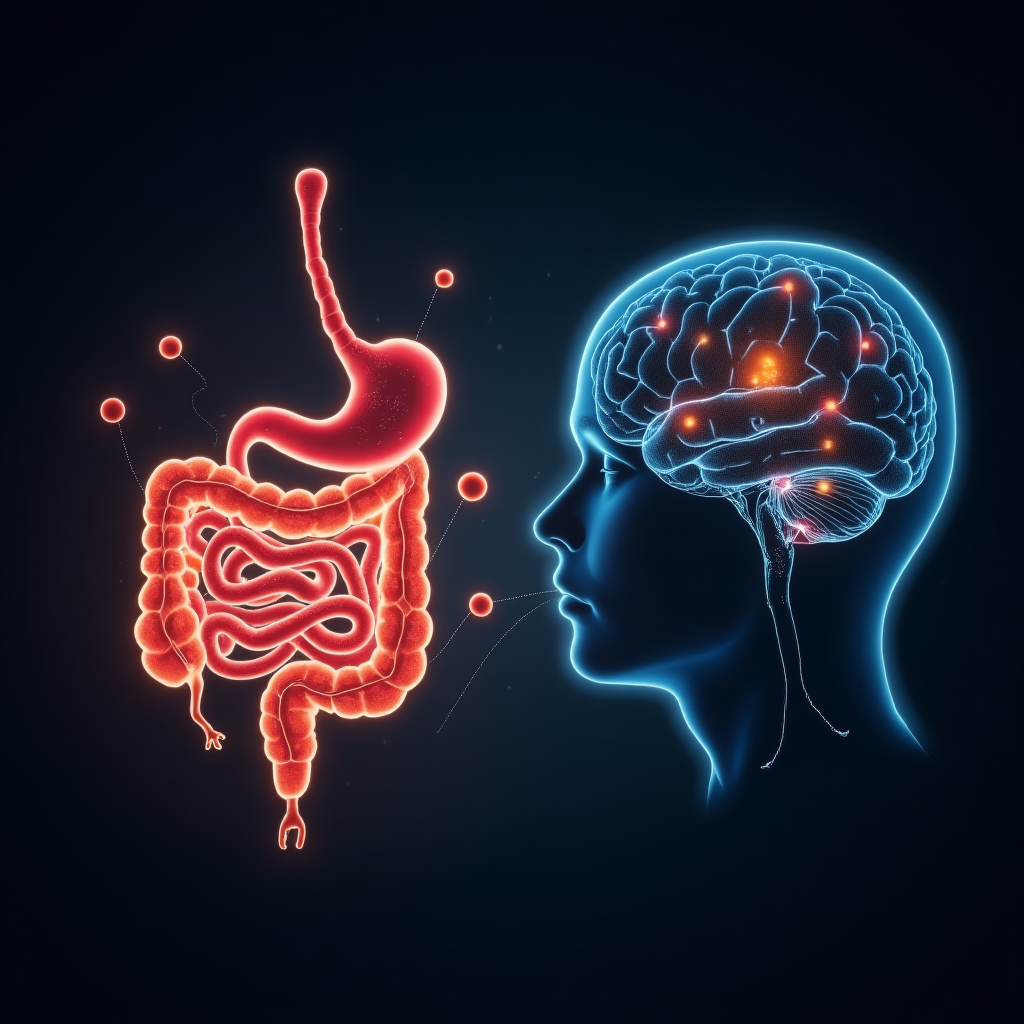 A glowing, stylized human gut connected by intricate neural pathways to a clear, thoughtful human brain, symbolizing the hidden influence of colon health on cognitive function and healthy decision-making." gut-brain connection, colon health, healthy decisions, gut microbiome, cognitive function, mind-body, wellness, decision-making, brain health.