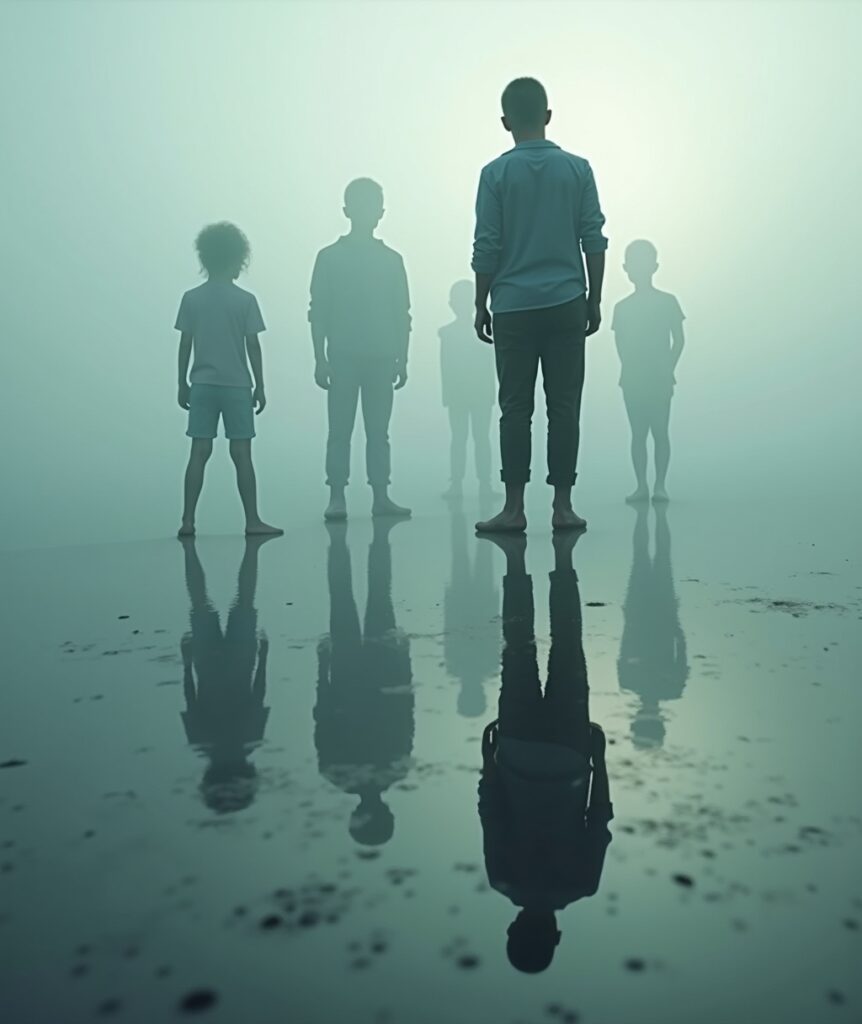 A person stands looking into a reflective surface (like still water or a misty mirror). Their own clear, present-day reflection is visible, but beneath it, faint, shadowy outlines of past versions of themselves (e.g., a child, a teenager, an earlier adult self) are subtly overlaid, suggesting the past influencing the present. • Keywords: contextual memory, past influence, present self, self-awareness, identity, reflection, subconscious, breaking free, personal growth, outdated decisions.