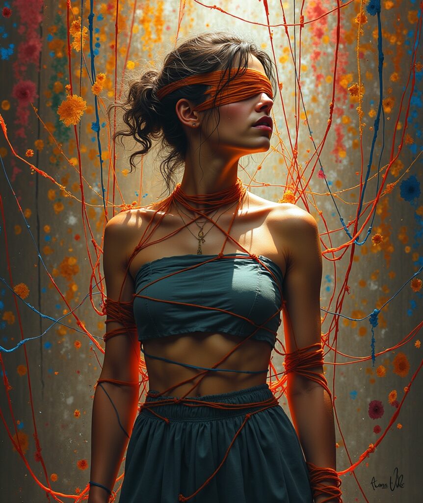 A person subtly constrained by vibrant cultural threads, symbolizing the hidden burden and limiting aspects of shared culture despite its beauty." hidden cultural burden, shared culture, cultural constraints, societal expectations, personal freedom, cultural norms, invisible shackles, cultural identity.