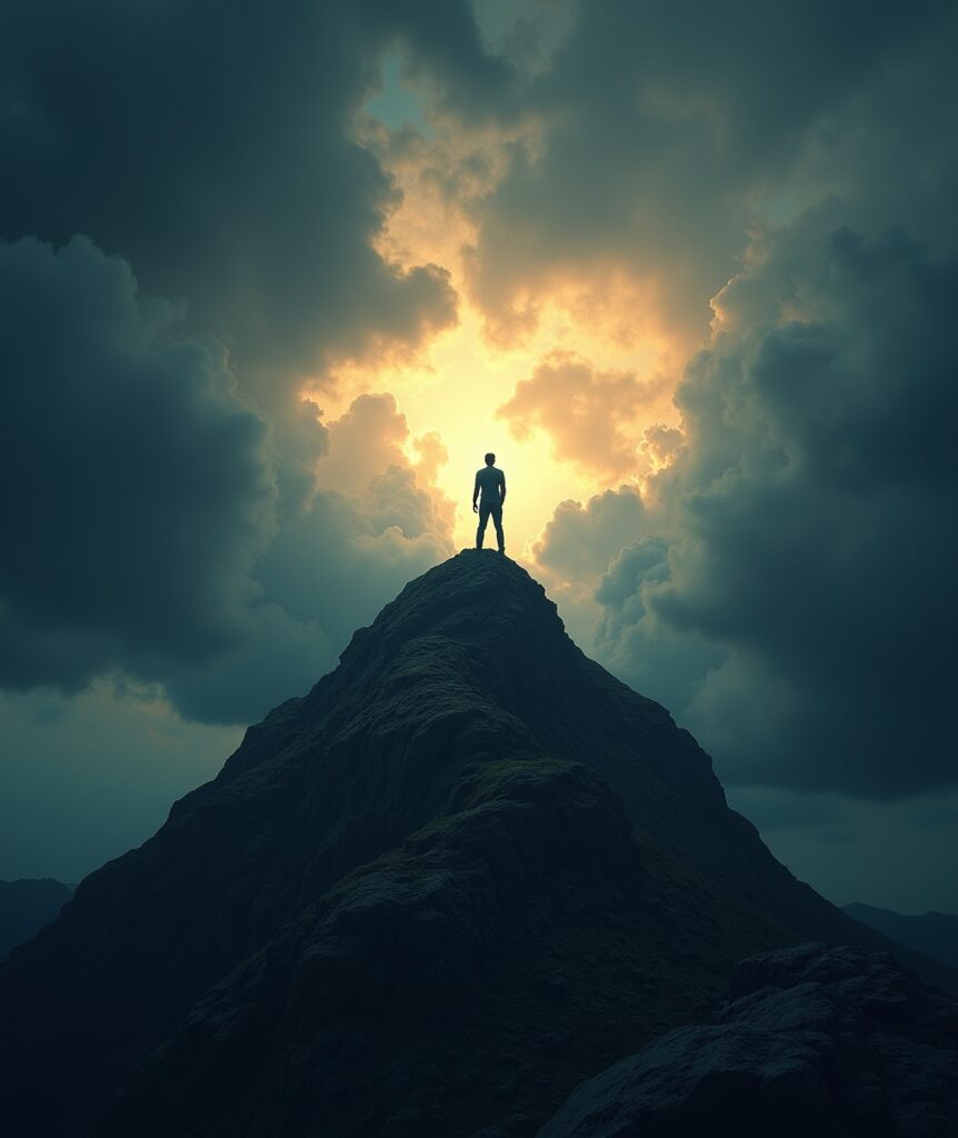 A person stands on a jagged peak, reaching towards a clear sky with rays of light, having climbed from a dark, stormy valley below, symbolizing overcoming work pressure. overcoming pressure, motivation, ascent, resilience, productivity, success, personal growth, work-life balance, stress management