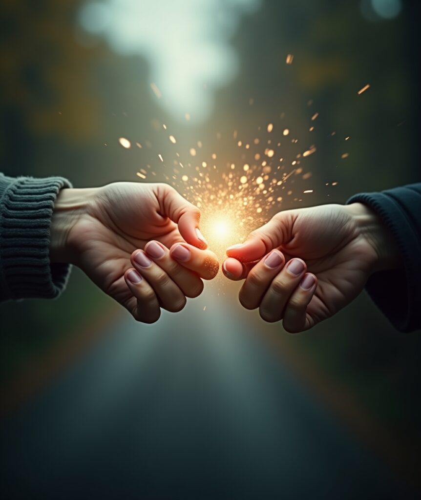 Two hands almost touching but separated by an invisible barrier, symbolizing uncertainty and emotional distance in a suspenseful relationship." suspenseful relationships, relationship uncertainty, waiting or ending, emotional limbo, mixed signals, relationship dilemma, uncommitted relationships.
