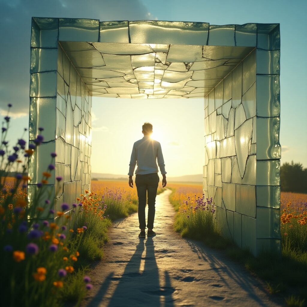 A person stepping out of a shattered, transparent cube with patterns, into a vibrant, open landscape, symbolizing breaking free from invisible contextual patterns and reclaiming one's life." • Keywords: Contextual patterns, breaking habits, personal freedom, self-reclamation, autopilot trap, routine disruption, subconscious cues, behavior change, neuroplasticity, personal growth, agency, liberation.