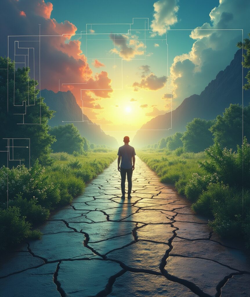 : A person stands at a fork in the road, with one path being gray and cracked and the other vibrant and green. An ethereal, glowing blueprint drawing is superimposed over the scene, symbolizing the power of perspective to build a new life. o Keywords: perspective, change, life path, crossroads, choice, reality, mindset, architecture, blueprint, personal growth.