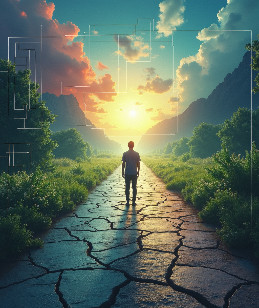 : A person stands at a fork in the road, with one path being gray and cracked and the other vibrant and green. An ethereal, glowing blueprint drawing is superimposed over the scene, symbolizing the power of perspective to build a new life. o Keywords: perspective, change, life path, crossroads, choice, reality, mindset, architecture, blueprint, personal growth.