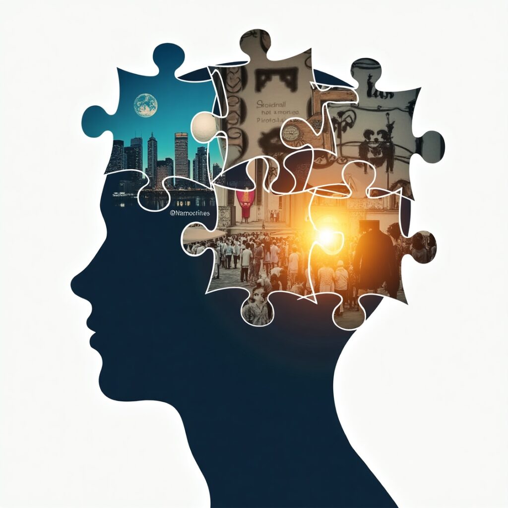 A stylized human head composed of interconnected, glowing puzzle pieces, each piece containing a different scene or symbol (e.g., a city skyline, a globe, a cultural pattern, a clock). One central piece radiates brighter, symbolizing integrated understanding. • Keywords: contextual awareness, leadership skills, holistic thinking, systems thinking, interconnectedness, cognitive agility, problem-solving, strategic thinking, mind power, leadership development.