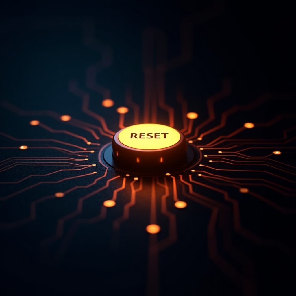 A single, glowing, stylized "reset" button on a dark, intricate circuit board that gradually illuminates, transforming chaotic, dim lines into organized, vibrant, and flowing energy pathways, symbolizing a mindful morning reboot. • Keywords: morning ritual, daily reboot, mind-body reset, healthy habits, energy boost, mental clarity, productivity, well-being, mindfulness, self-care, brain health, digital detox, Oujda wellness.
