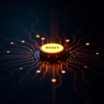 A single, glowing, stylized "reset" button on a dark, intricate circuit board that gradually illuminates, transforming chaotic, dim lines into organized, vibrant, and flowing energy pathways, symbolizing a mindful morning reboot. • Keywords: morning ritual, daily reboot, mind-body reset, healthy habits, energy boost, mental clarity, productivity, well-being, mindfulness, self-care, brain health, digital detox, Oujda wellness.