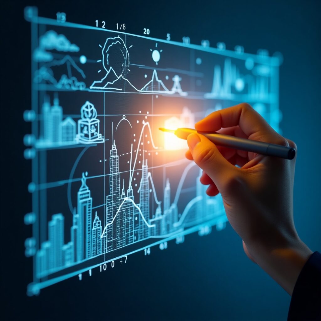 A hand (appearing to be drafting) holding a glowing stylus, sketching intricate, luminous numerical charts and graphs onto a transparent blueprint overlaying a vibrant, aspirational scene like a rising sun over a city or a person reaching a summit. • Keywords: goal setting, quantifiable goals, data visualization, success metrics, dream to reality, strategic planning, accountability, progress tracking, personal finance, business growth, numerical goals, Moroccan ambition.