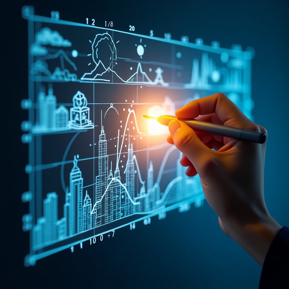 A hand (appearing to be drafting) holding a glowing stylus, sketching intricate, luminous numerical charts and graphs onto a transparent blueprint overlaying a vibrant, aspirational scene like a rising sun over a city or a person reaching a summit. • Keywords: goal setting, quantifiable goals, data visualization, success metrics, dream to reality, strategic planning, accountability, progress tracking, personal finance, business growth, numerical goals, Moroccan ambition.