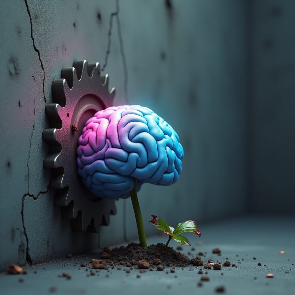 A brightly glowing brain or a struggling plant being squeezed by dull, rigid gears or a concrete wall, symbolizing how intellectual growth is crushed in unyielding environments." • Keywords: Intellectual growth, rigid environments, unseen costs, cognitive stagnation, burnout, psychological safety, creativity stifled, professional development, workplace culture, innovation barrier, intellectual vitality, conformity.