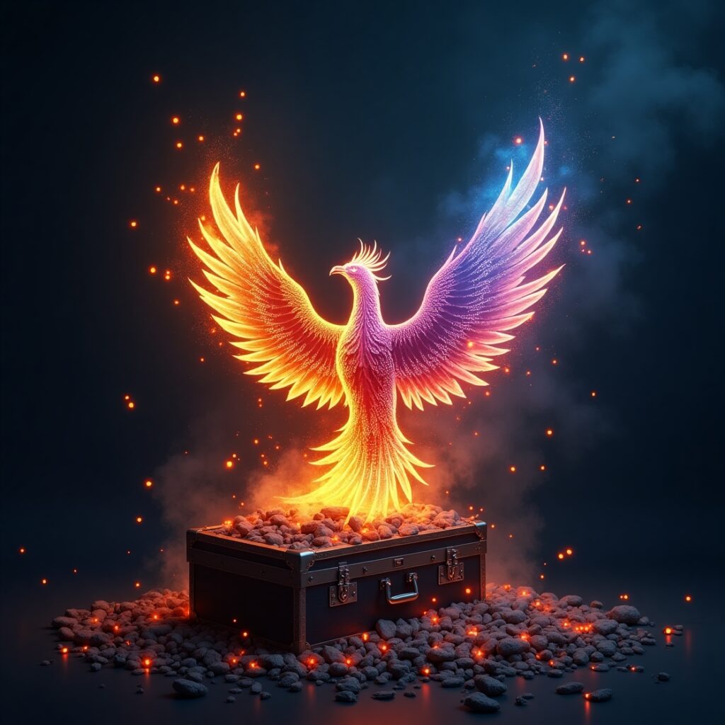 Stylized phoenix, vibrant and futuristic, rising from the glowing embers of a decaying briefcase and broken ladder, symbolizing professional reinvention, career transformation, and future-proofing skills in a rapidly changing world." • Keywords: Professional reinvention, career change, future-proof career, skill development, adaptability, resilience, growth mindset, lifelong learning, career pivot, personal branding, professional development, career growth, professional identity, career transformation, career stagnation, job market trends, digital skills, career innovation.