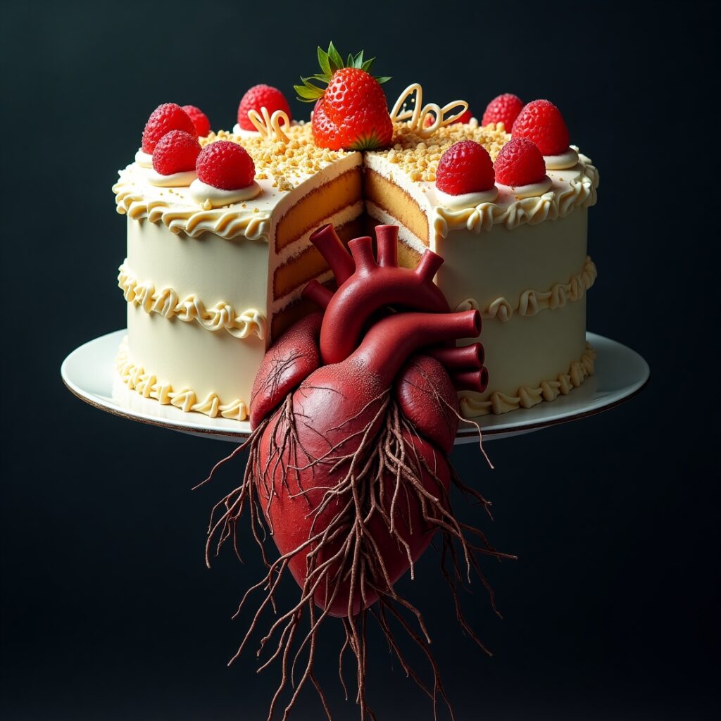 Split image showing artificial sweets on one side and a tangled heart representing emotions on the other, connected by a subtle thread, symbolizing emotional sugar and the psychological roots of food cravings driven by feelings." Keywords: Emotional eating, comfort food, stress eating, psychological hunger, food cravings, sugar cravings, emotional regulation, mindful eating, habit loops, stress resilience, emotional literacy, mental health and food, food as coping mechanism, unhealthy eating patterns, breaking food addiction, mindful awareness, self-compassion, eating psychology.