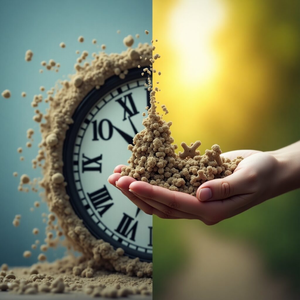 "Split image contrasting chaotic struggle to grasp time with serene organization of tasks. Left side shows blurred hand trying to hold sand, right side shows hand calmly arranging gears, symbolizing the difference between trying to control time and effectively organizing activities within it." Keywords: Time management, time organization, personal productivity, time control illusion, work-life balance, stress reduction, self-discipline, goal setting, procrastination, digital detox, focus, presence, burnout prevention, time perception, flow state, energy management, intentional living, overwhelm, efficiency hacks.
