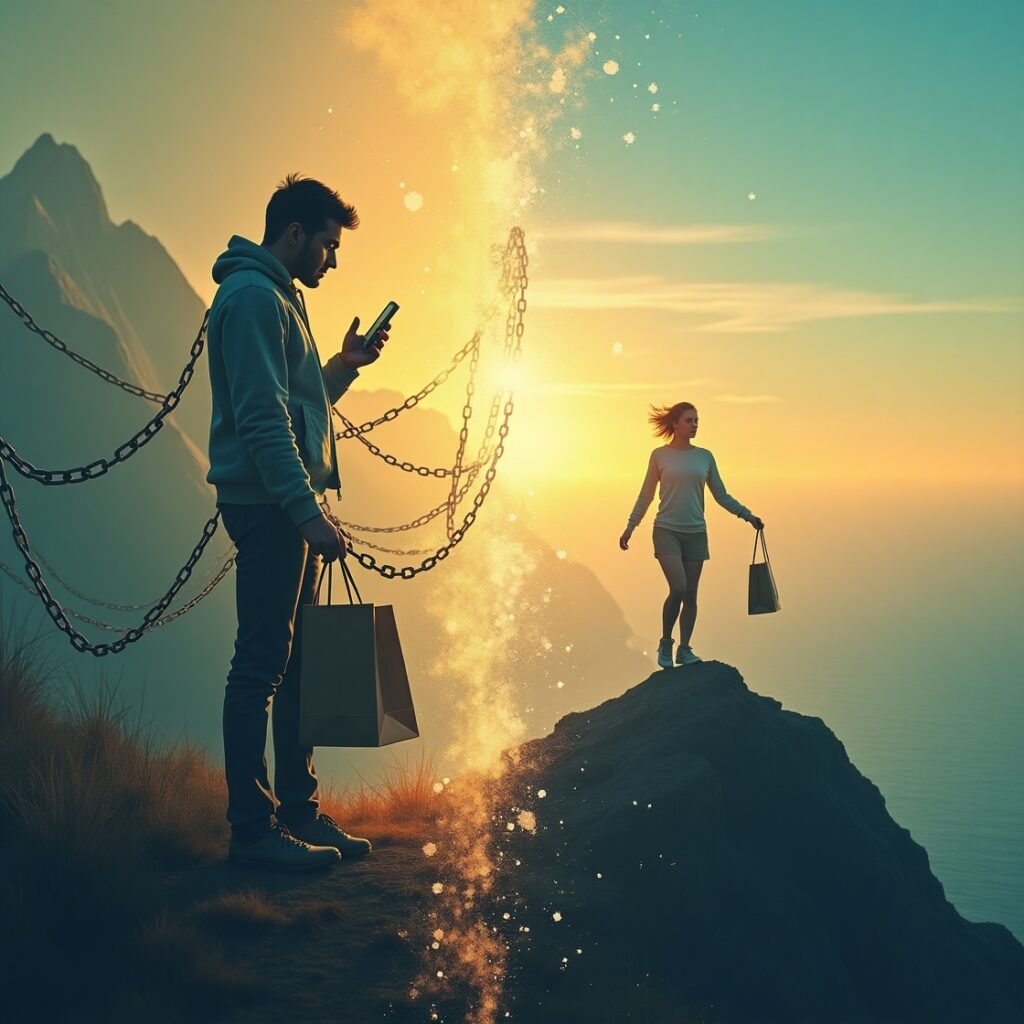 Split image depicting the paradox of conscious slavery versus true freedom. Left side shows a person subtly bound by translucent, invisible chains while engaging in modern life. Right side shows the same person liberated, standing in an open, vibrant landscape with chains dissolving, symbolizing breaking free from psychological and societal bonds." Keywords: Conscious slavery, true freedom, psychological chains, societal conditioning, consumerism, digital addiction, self-imposed limits, emotional liberation, mental autonomy, mindfulness, self-mastery, inner peace, purposeful living, personal growth, spiritual freedom, breaking free, psychological well-being, freedom from fear, authentic living.