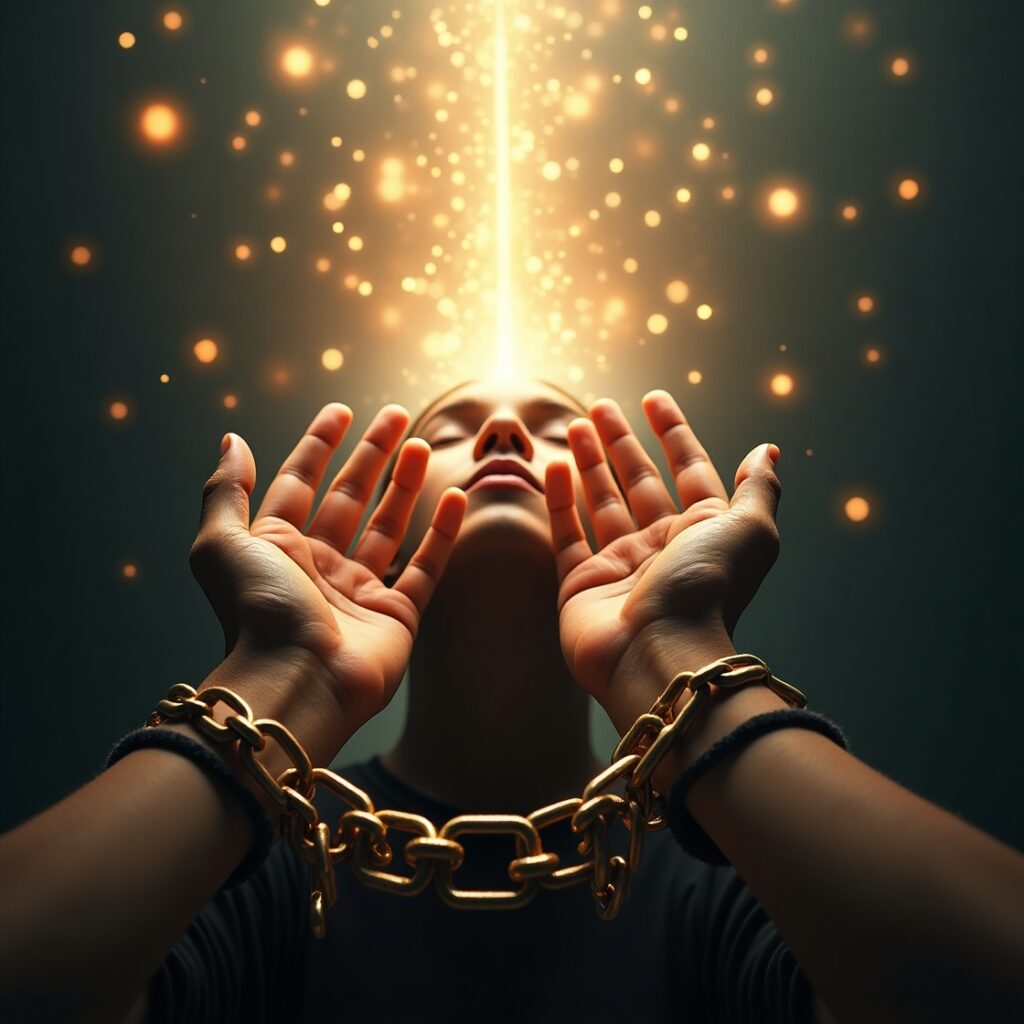 Person's hands breaking free from subtle, glowing chains that represent the religiously instilled sustenance complex, with abstract spiritual symbols in the background. Illustrates liberation from financial anxiety and passive dependence, embracing personal agency and empowered provision." Keywords: Religious sustenance complex, spiritual freedom, financial anxiety, overcoming fear, self-reliance, personal agency, spiritual growth, breaking religious chains, faith and provision, psychological liberation, mindset shift, abundance mindset, Christian anxiety, Islamic trust, spiritual bypassing, religious trauma, fear of scarcity, divine provision, self-efficacy, empowered living.