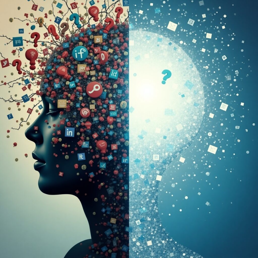 Split image depicting the journey from indoctrination to empowerment. Left side shows a head overwhelmed by jumbled information and digital clutter. Right side shows a clear, illuminated head with organized knowledge flowing through it, symbolizing critical thinking and information mastery." Keywords: Information literacy, critical thinking, media literacy, fake news, misinformation, disinformation, filter bubbles, echo chambers, cognitive biases, intellectual autonomy, digital citizenship, information overload, truth discernment, news consumption, critical analysis, digital well-being, cognitive empowerment, information age.