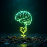 Abstract image depicting a glowing brain hologram connected by green light pathways to a brand logo that transforms into a vibrant, blossoming plant. Faded, broken marketing symbols are in the background. Symbolizes health technology reinventing brand purpose and organic growth." • Keywords: Health technology, brand motivation, purpose-driven brands, brand identity, consumer trust, well-being, digital health, AI in health, wearable tech, personalized health, ethical AI, data privacy, gamification, brand loyalty, circular economy, health communities, brand innovation, future of branding, corporate purpose, healthy brands.