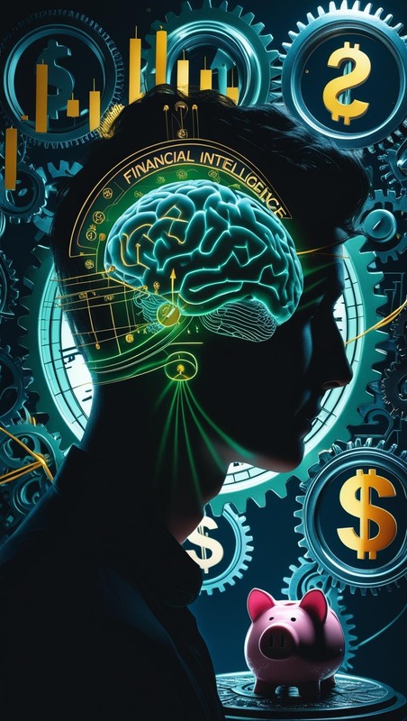 Abstract illustration of a human head intertwined with gears and financial symbols, highlighting personal financial intelligence over simple banking. Keywords: Financial Intelligence, Personal Finance, Money Mindset, Wealth Building, Behavioral Economics, Financial Freedom, Investment Strategies, Debt Management, Budgeting Tips, Financial Literacy.