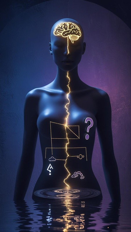 Stylized human silhouette with a mirror in place of the stomach, reflecting abstract psychological symbols, representing hunger as a psychological mirror. Keywords: Hunger Psychology, Emotional Eating, Mindful Eating, Self-Awareness, Behavioral Psychology, Cravings, Emotional Regulation, Scarcity Mindset, Mental Health, Body Image, Fasting Benefits.