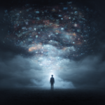 A human silhouette (gender-neutral) standing alone amidst a dense, swirling cloud of dimly glowing, disconnected social media icons, text bubbles, and digital noise, with only a faint, struggling light emanating from their heart area. • Keywords: spiritual isolation, digital disconnect, false communication, social media impact, authentic connection, loneliness, mental well-being, digital overload, online relationships, spiritual health, mindfulness, Oujda solitude.