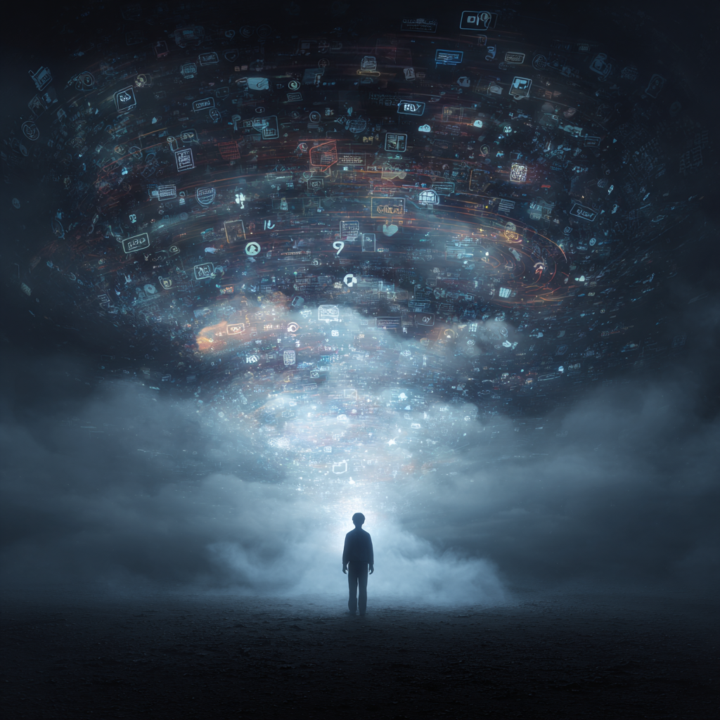 A human silhouette (gender-neutral) standing alone amidst a dense, swirling cloud of dimly glowing, disconnected social media icons, text bubbles, and digital noise, with only a faint, struggling light emanating from their heart area. • Keywords: spiritual isolation, digital disconnect, false communication, social media impact, authentic connection, loneliness, mental well-being, digital overload, online relationships, spiritual health, mindfulness, Oujda solitude.