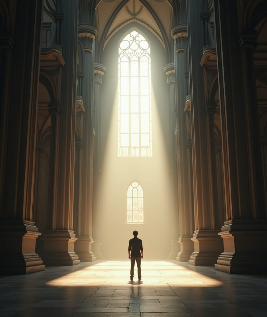 A small figure with their back to the camera stands alone in a large, empty cathedral, illuminated by a single, distant ray of sunlight. o Keywords: solitude, spiritual distance, worship, cathedral, empty, isolation, paradox, searching, light.