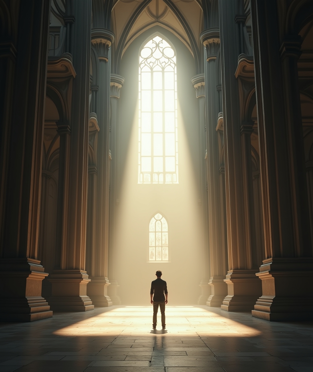 A small figure with their back to the camera stands alone in a large, empty cathedral, illuminated by a single, distant ray of sunlight. o Keywords: solitude, spiritual distance, worship, cathedral, empty, isolation, paradox, searching, light.