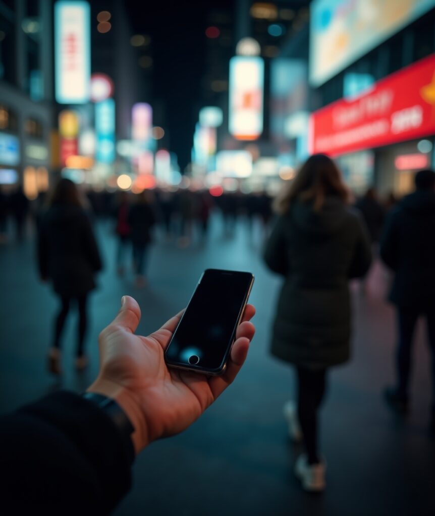 A sharp image of an outstretched hand in the foreground, with a glowing phone screen, reaches toward a blurred figure walking away in a crowded city street at night, symbolizing a fleeting, ghost-like connection. o Keywords: casual relationships, loneliness, disconnection, modern dating, hookup culture, emotional impact, ghosting, searching for connection.