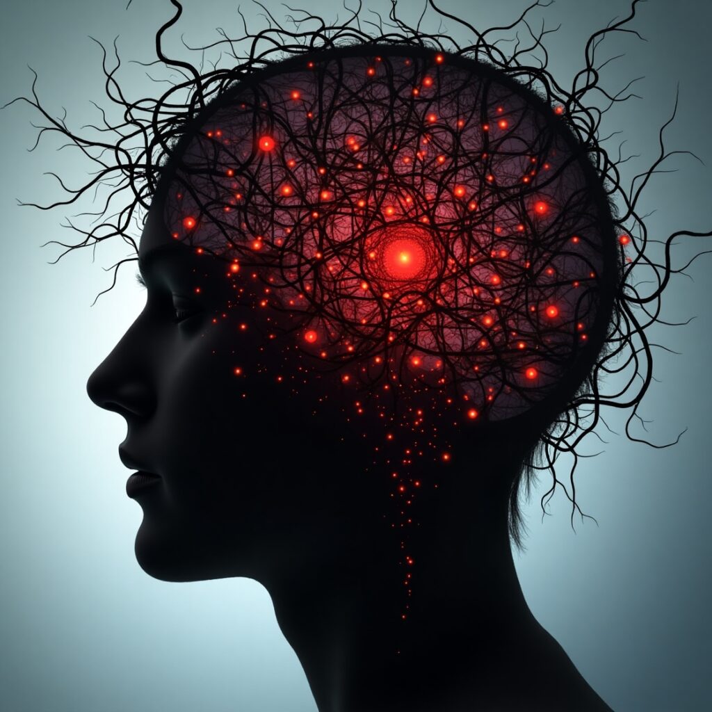 A swirling, intricate web of dark lines and glowing red threads within the silhouette of a human head, symbolizing the chaotic and inflammatory nature of rumination. • Keywords: rumination, inflammation, mind-body connection, mental health, chronic stress, brain health, negative thoughts, psychological impact, health and wellness.