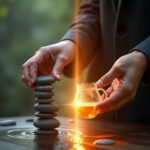 A split image showing a hand on the left mechanically performing a repetitive task in muted colors, contrasted with the same hand on the right performing the task with vibrant, glowing presence, illustrating the transformation from habit to awareness. • Keywords: Grace, awareness, habit, transformation, mindfulness, presence, spiritual growth, personal development, conscious living, inner peace.