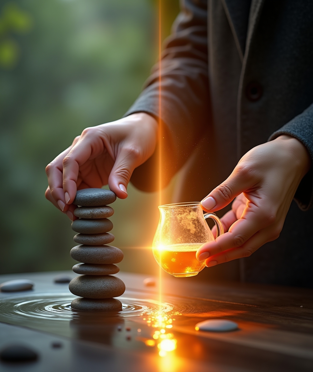 A split image showing a hand on the left mechanically performing a repetitive task in muted colors, contrasted with the same hand on the right performing the task with vibrant, glowing presence, illustrating the transformation from habit to awareness. • Keywords: Grace, awareness, habit, transformation, mindfulness, presence, spiritual growth, personal development, conscious living, inner peace.
