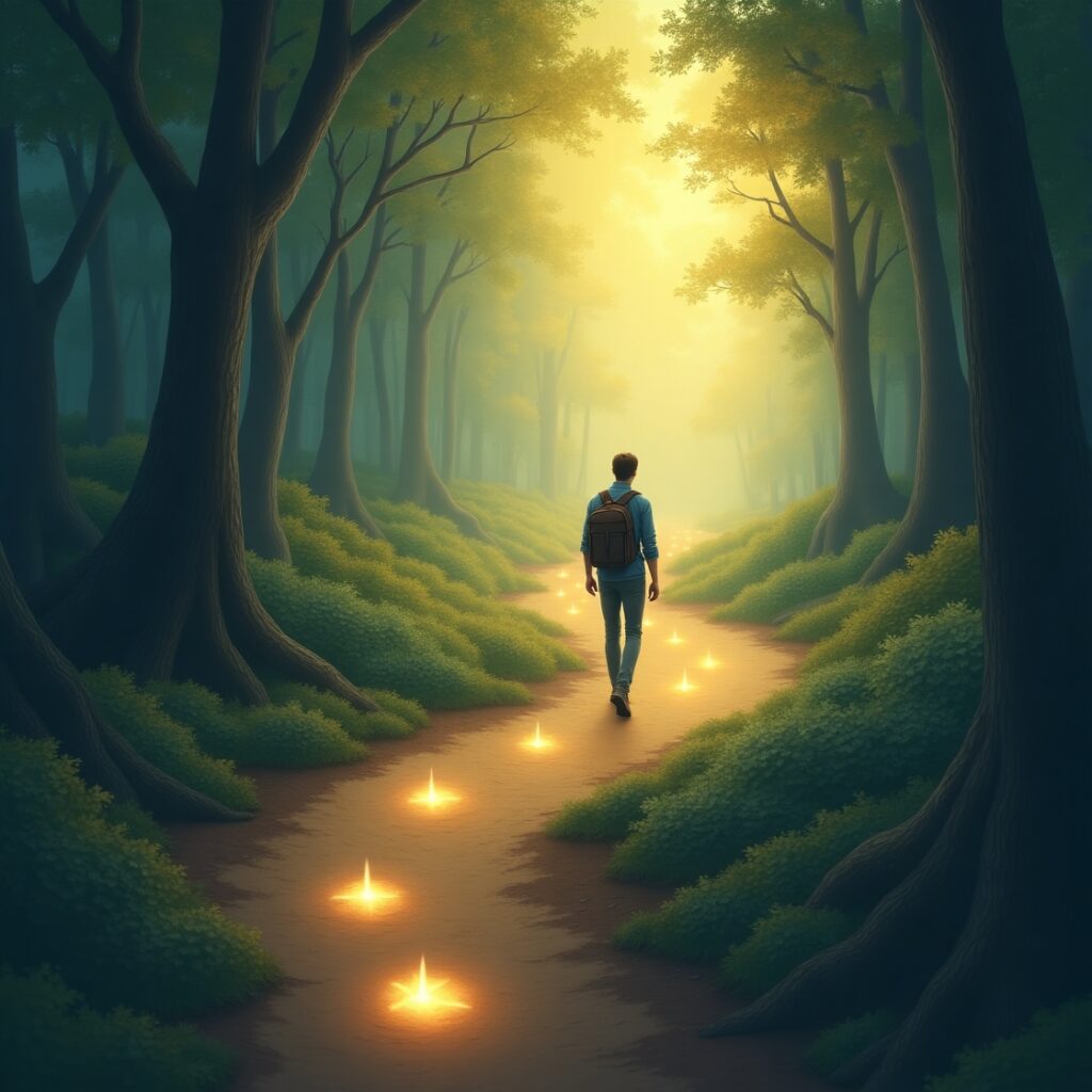 A serene, winding path through a sun-dappled forest with subtle glowing markers on the ground, representing daily guidance. A lone figure walks mindfully along the path, symbolizing life's journey." • Keywords: Daily guidance, life path, intuition, self-discovery, personal growth, inner wisdom, spiritual journey, mindfulness, purpose, decision making, finding direction, authentic living, continuous growth, guidance not moments.