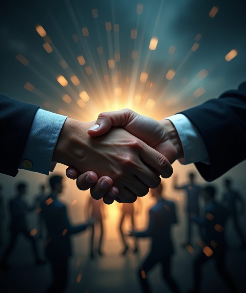 Two hands firmly clasped in a handshake in the foreground, with a blurred, chaotic, and competitive arena in the background, symbolizing strong, supportive collaboration in a cutthroat environment. Keywords: • Building supportive relationships • Collaboration in competition • Teamwork success • Networking strategies • Emotional intelligence at work • Leadership skills • Workplace relationships • Competitive advantage • Positive workplace culture • Professional development